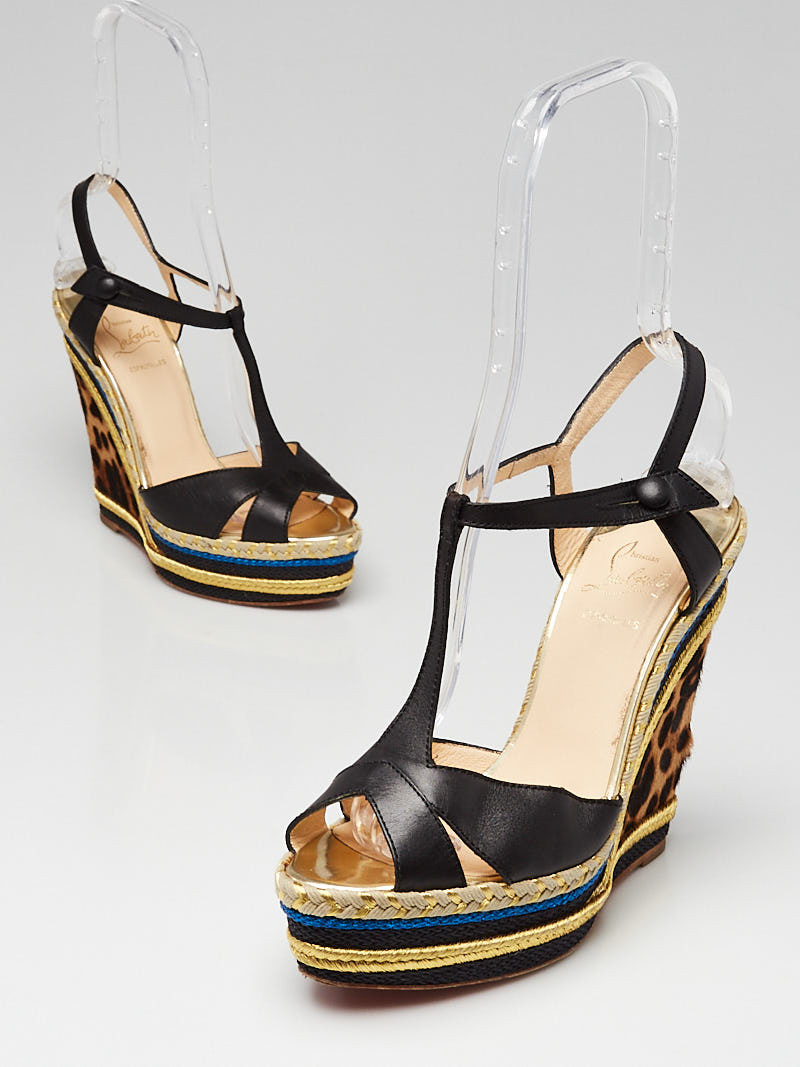 Christian Louboutin Black Leather and Leopard Calf Hair Trotolita 140 Wedges Size 8.5 39