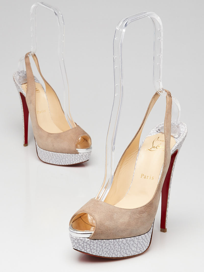 Christian Louboutin Grey Suede and Textured Leather Lady Peep Toe 150 Slingback Pumps Size 8.5 39