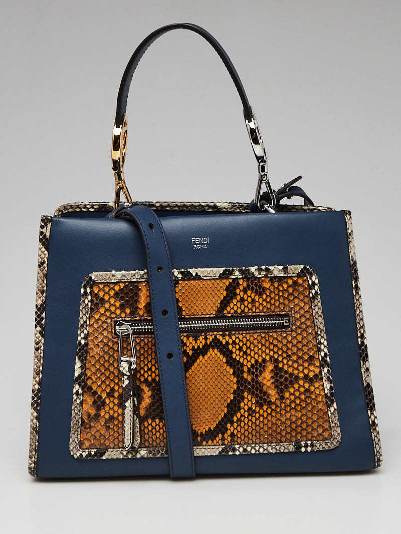 Fendi Blue Calfskin Leather and Python Runaway Logo Shoulder Bag - 8BH344