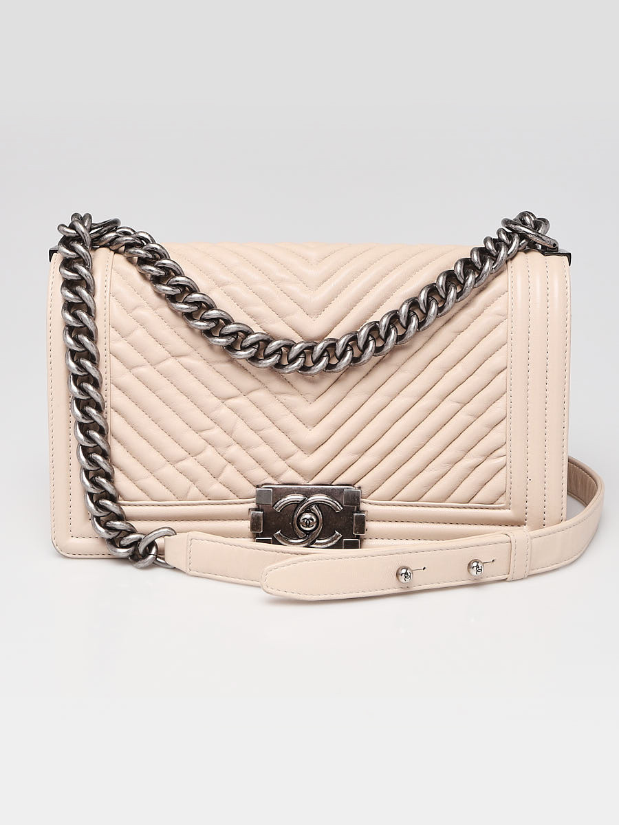 Chanel Beige Chevron Quilted Lambskin Leather Medium Boy Bag