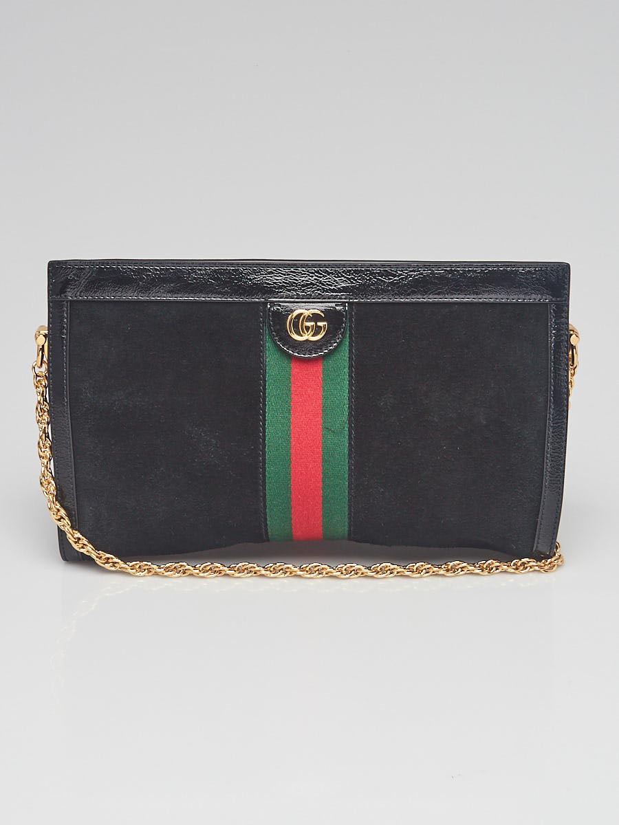 Gucci Black Suede and Patent Leather Vintage Web Ophidia Medium Shoulder Bag
