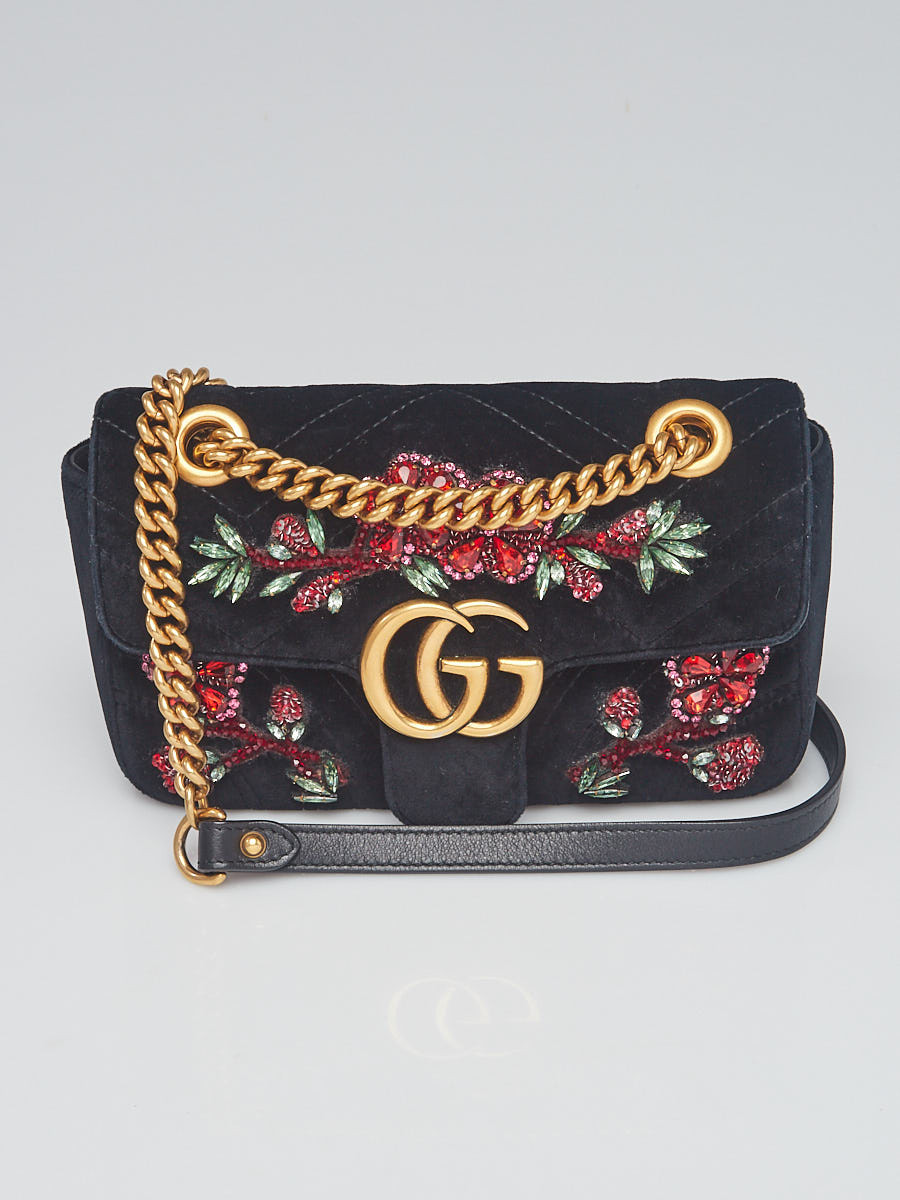Gucci Black Quilted Velvet Beaded GG Marmont Mini Bag