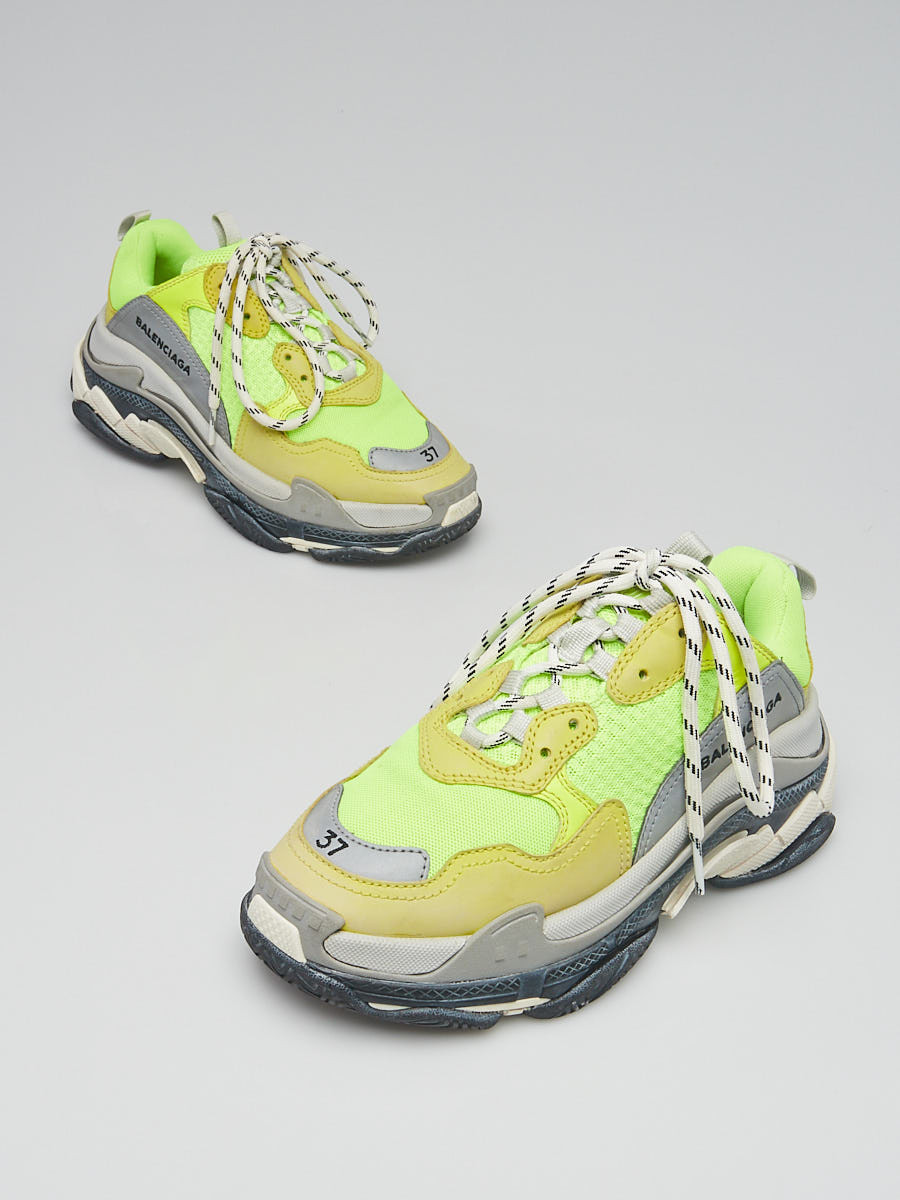 Balenciaga Neon Yellow Grey Leather Mesh Triple S Sneakers Size 6.5 37