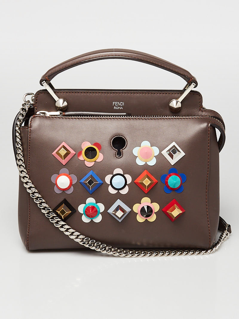 Fendi Grey Leather Floral-Studded Dotcom Satchel Bag- 8BN299