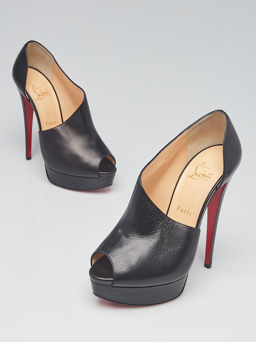 Christian Louboutin Black Leather Verita Asymmetric 150 Platform Peep Toe Booties Size 7.5 38