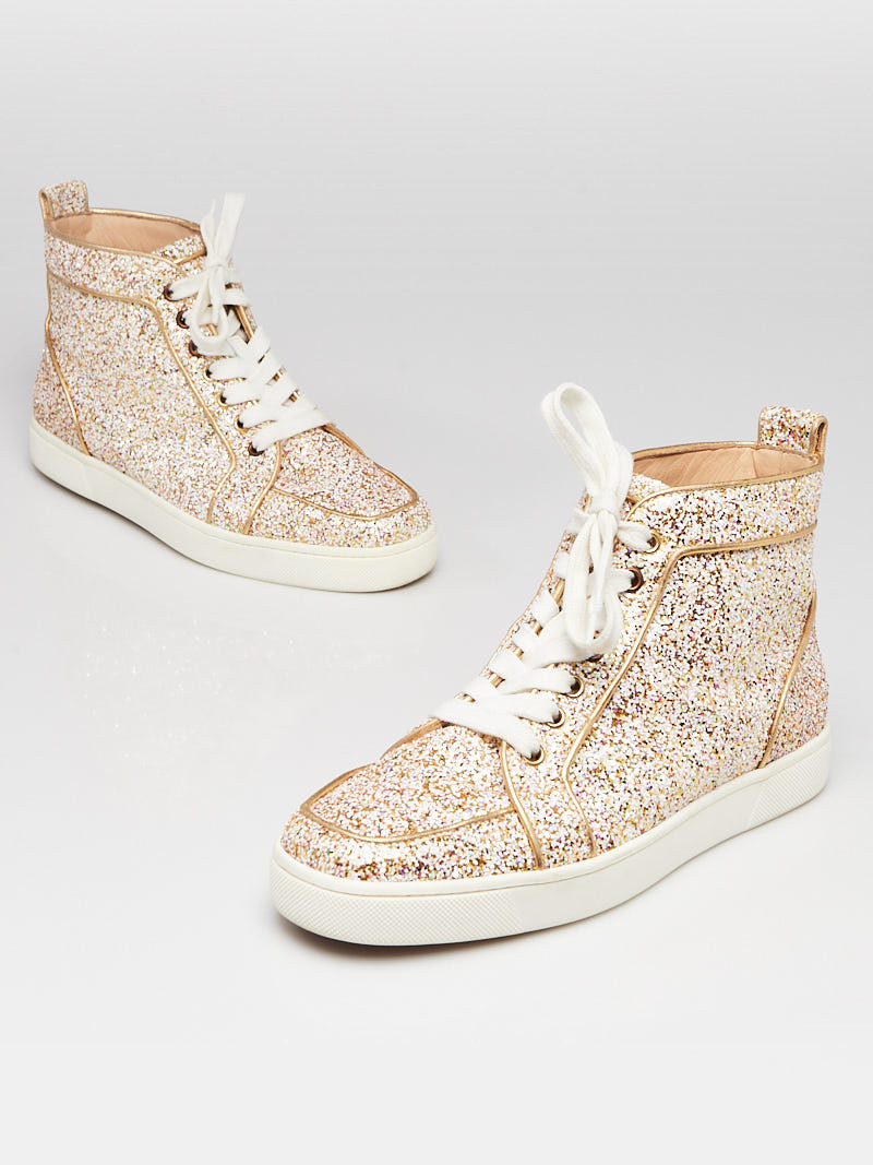 Christian Louboutin Gold Multicolor Glitter Fabric Rantus Orlato High-Top Sneakers Size 7.5 38