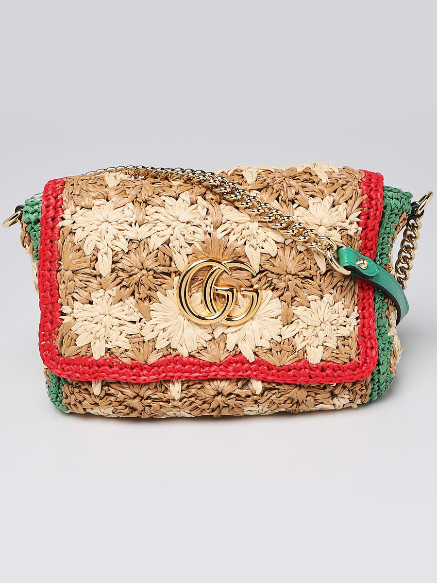 Gucci Beige Red Green Woven Floral Raffia GG Marmont Small Shoulder Bag
