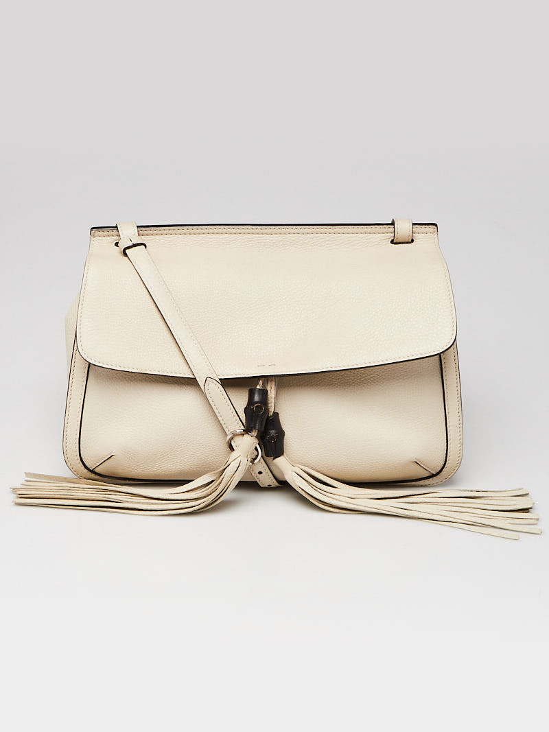 Gucci White Pebbled Leather Bamboo Daily Flap Shoulder Bag