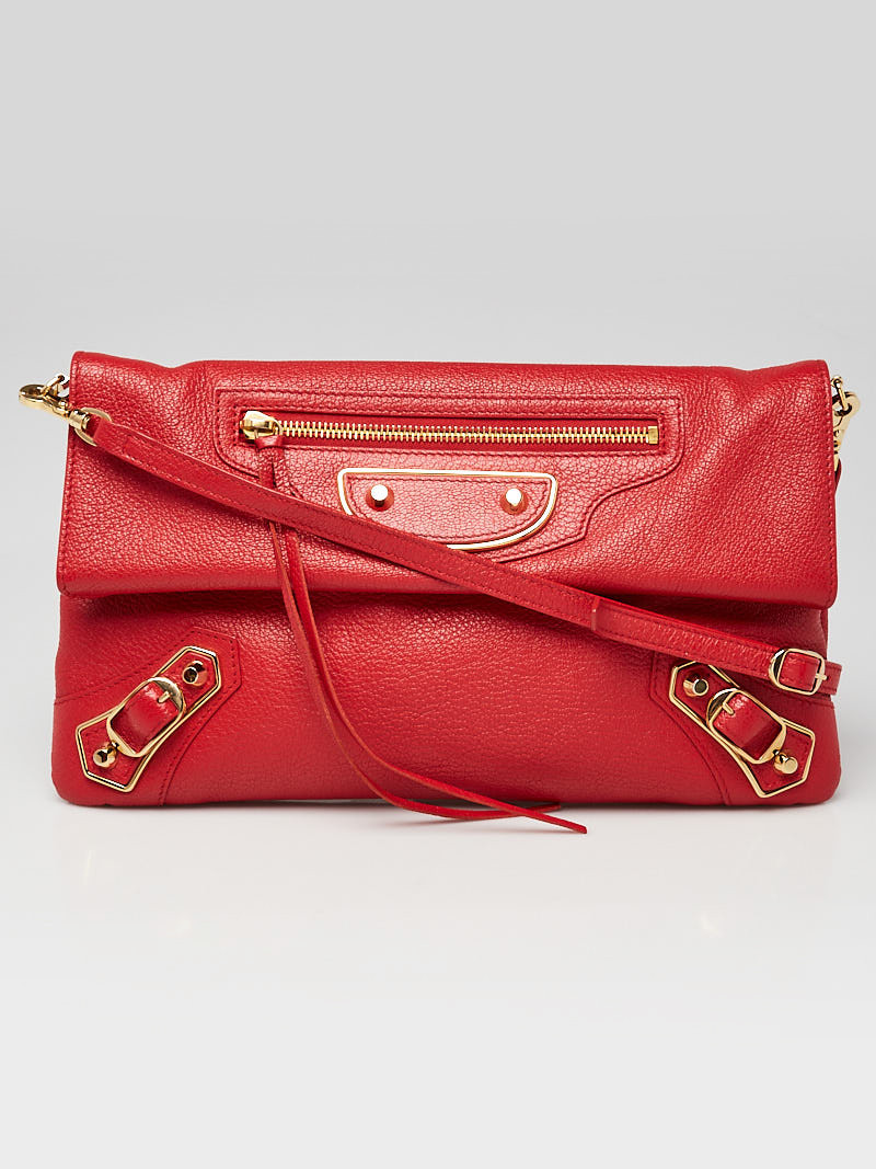 Balenciaga Rouge Grenade Chevre Leather Metallic Edge Envelope Clutch Crossbody Bag w  Strap
