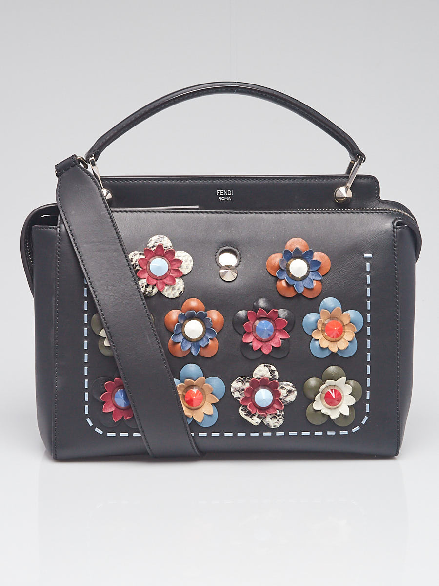Fendi Black Leather Flora Applique Dot Com Satchel Bag 8BN293