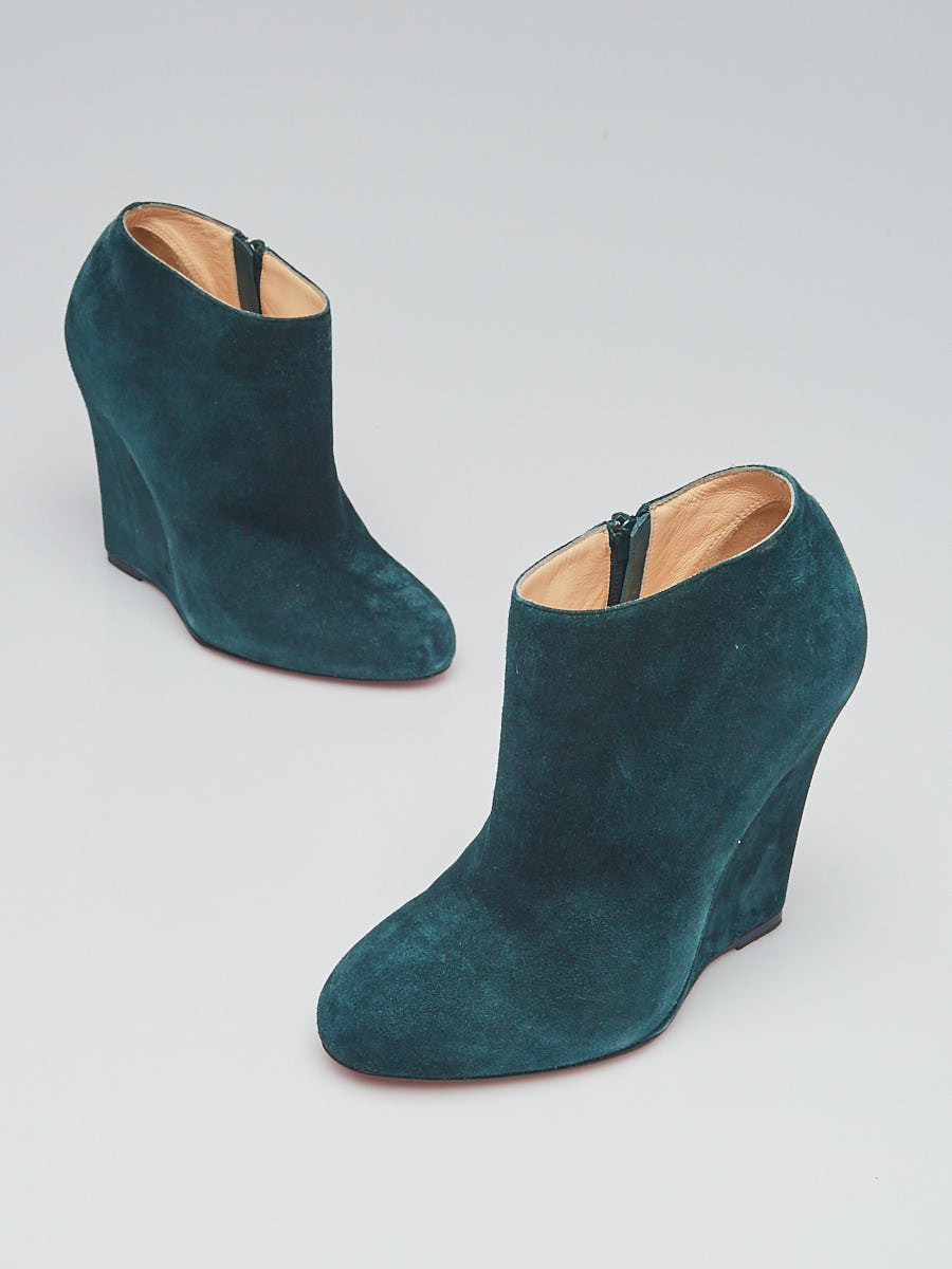 Christian Louboutin English Green Suede Belle Zeppa 100 Wedge Ankle Booties Size 5.5 36