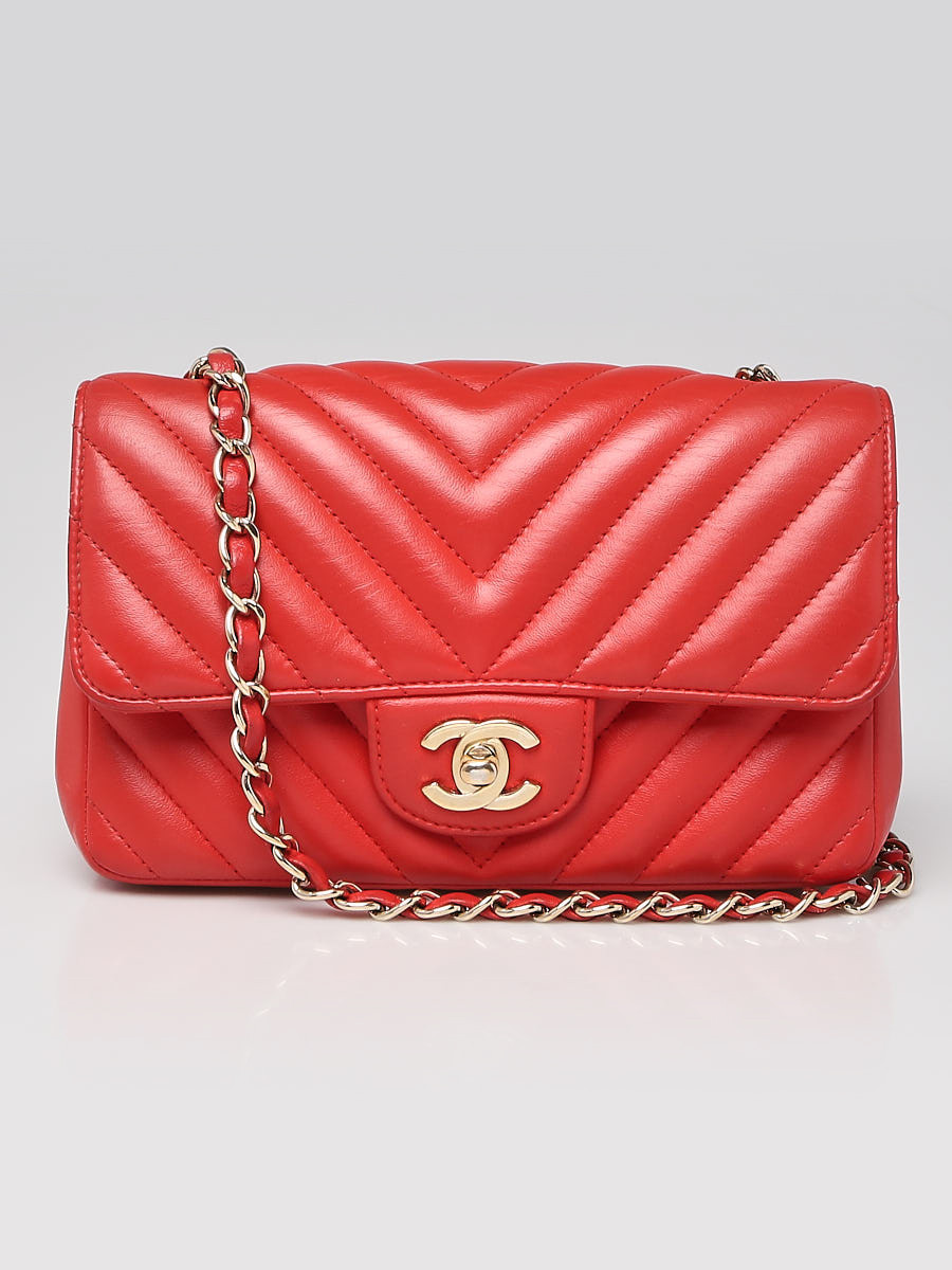 Chanel Red Chevron Quilted Lambskin Leather Classic Rectangular Mini Flap Bag