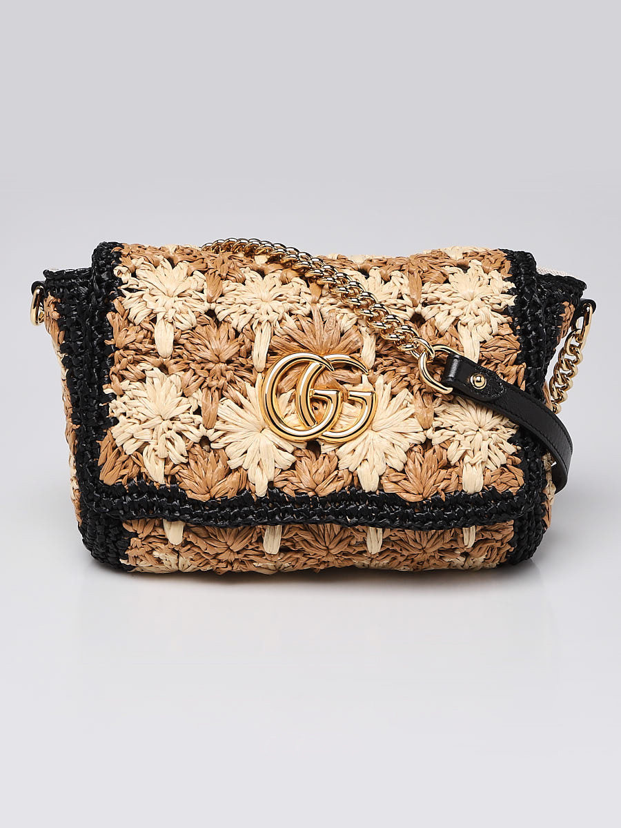 Gucci Brown Black Woven Floral Raffia GG Marmont Small Shoulder Bag