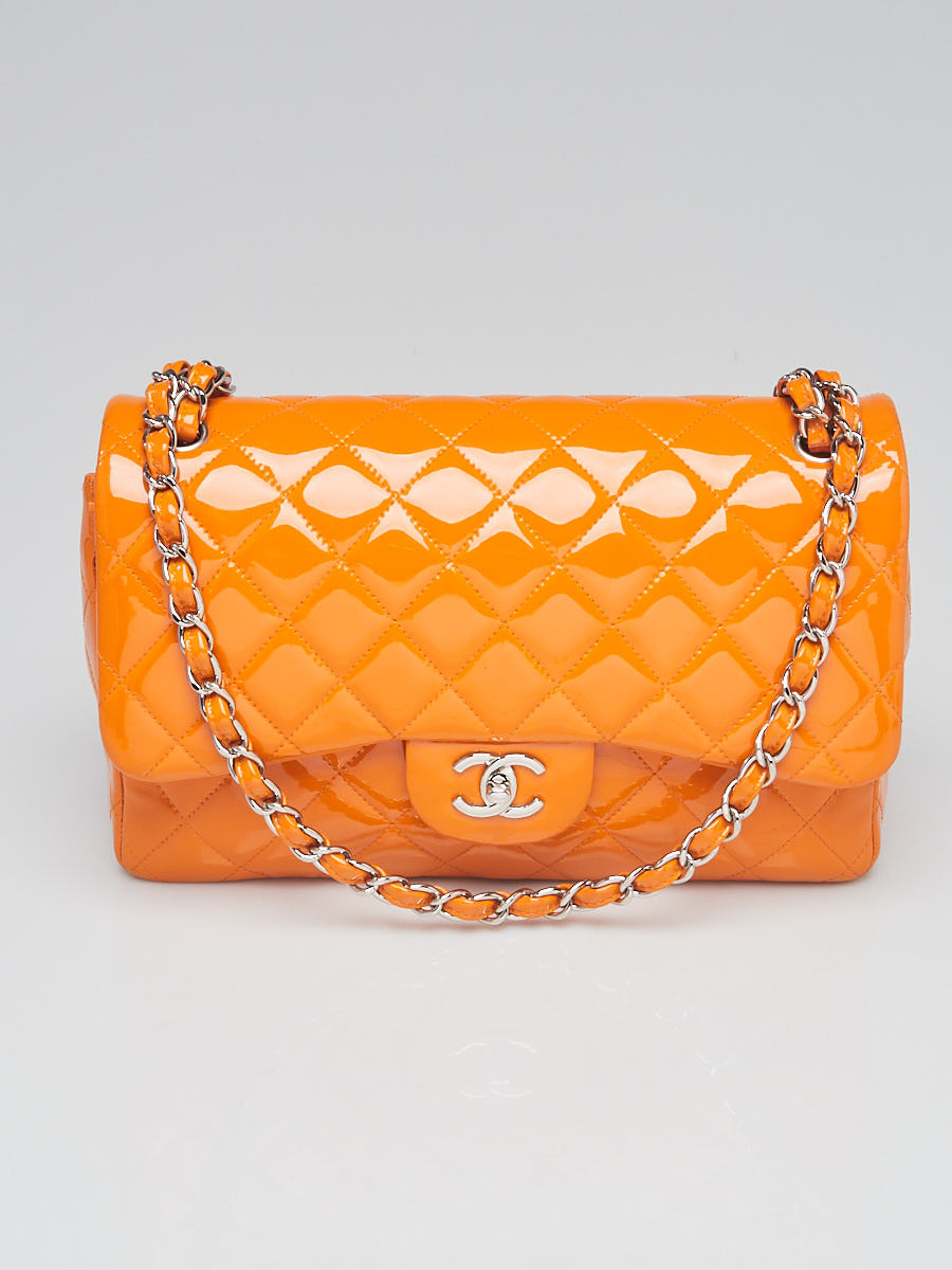 Chanel Orange Quilted Patent Leather Classic Jumbo Double Flap Bag