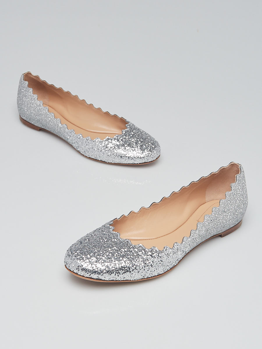 Chloe Silver Glitter Leather Scalloped Lauren Ballet Flats Size 6 36.5