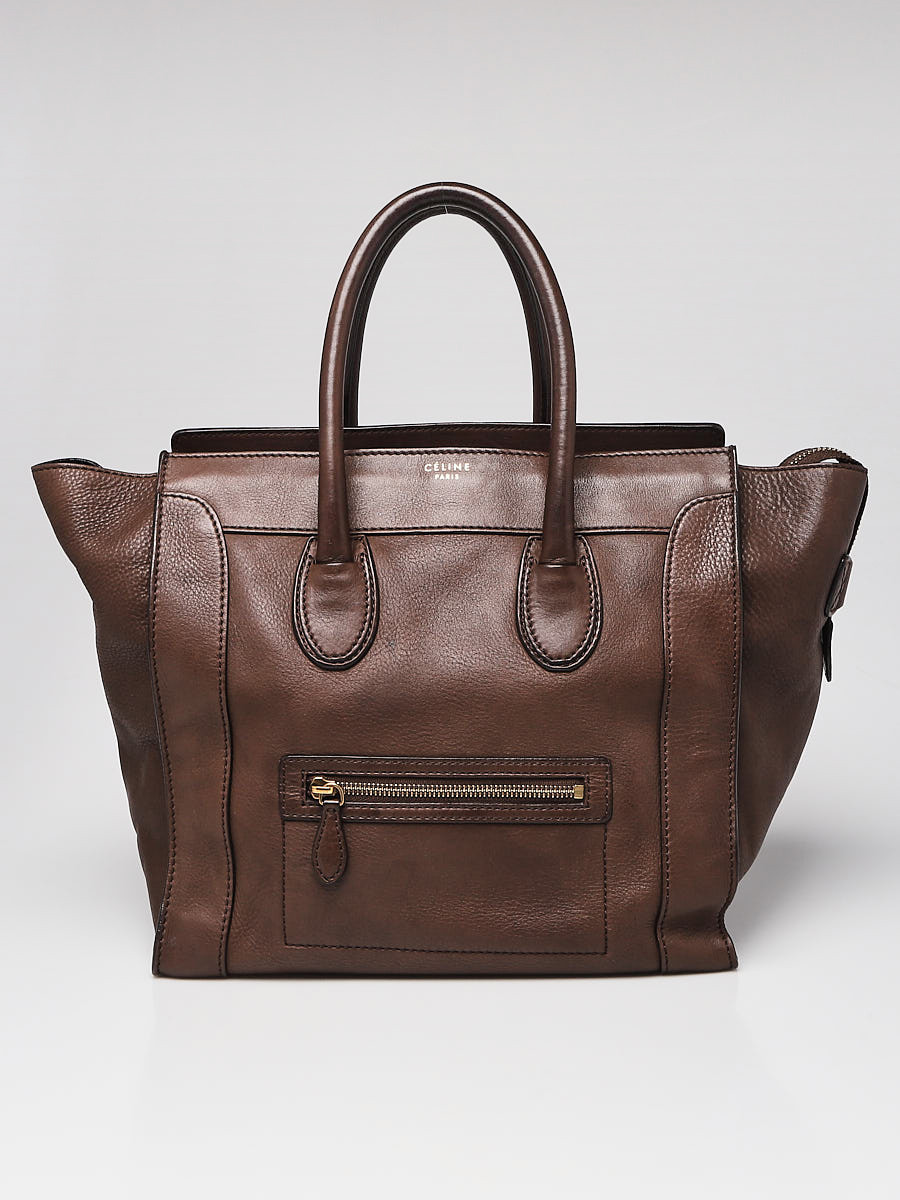 Celine Dark Brown Pebbled Nubuck Leather Mini Luggage Tote Bag