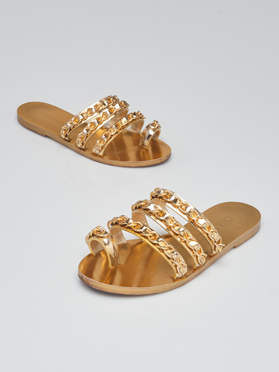 Chanel Goldtone Leather and Chain Sandals Size 6 36.5