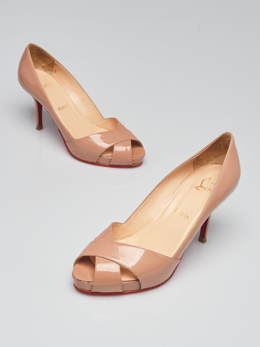 Christian Louboutin Nude Patent Leather Shelley 85 Peep Toe Pumps Size 6.5 37