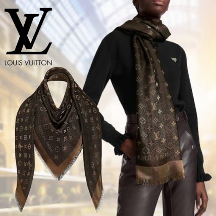 Louis Vuitton 2020 SS Monogram Unisex Wool Silk Fringes Logo Knit &amp; Fur Scarves M71548 
