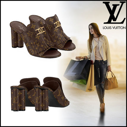 Louis Vuitton Open Toe Blended Fabrics Leather Elegant Style Chunky Heels 1A865A 1A8659 1A8658 1A8657 1A8656 1A8655 1A8654 1A8653 1A8652 1A8651 