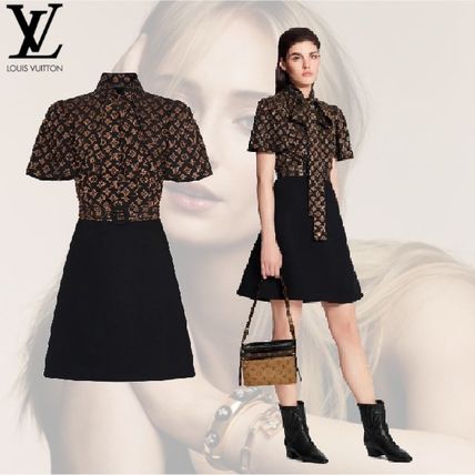 Louis Vuitton 2020 21AW Monogram Wool Silk Flared Medium Short Sleeves Logo Dresses 1A82Q6 