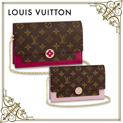 Louis Vuitton Flower Patterns Monogram Canvas Leather Chain Wallet 