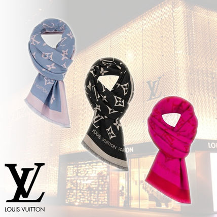 Louis Vuitton MONOGRAM 2020 Cruise Monogram Unisex Wool Silk Fringes Logo KnitFur Scarves M76170 M76169 M76168 