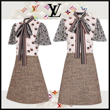 Louis Vuitton MONOGRAM 2020 SS Two Fabric A Line Dress In Camel Natte Tweed 1A840F 1A840E 1A840D 