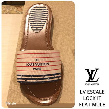 Louis Vuitton Stripes Open Toe Casual Style Street Style Leather Mules 