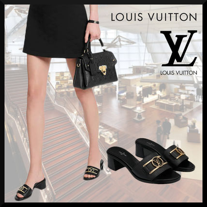 Louis Vuitton Monogram Leather Block Heels Elegant Style Mules Logo 1A64HK 