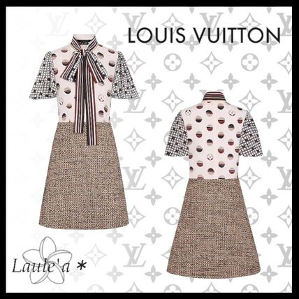 Louis Vuitton 2020 SS Two Fabric A Line Dress In Camel Natte Tweed 1A840E 