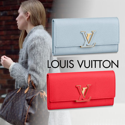 Louis Vuitton Unisex Plain Leather Logo Long Wallets 