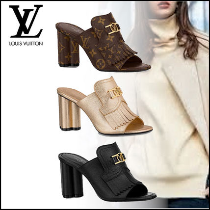 Louis Vuitton 2020 SS Plain Leather Block Heels Elegant Style Logo Heeled Sandals 1A85VA 1A87S9 1A8659 