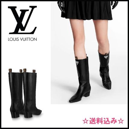 Louis Vuitton 2020 Cruise Plain Leather Chunky Heels Logo Mid Heel Boots 1A66K7