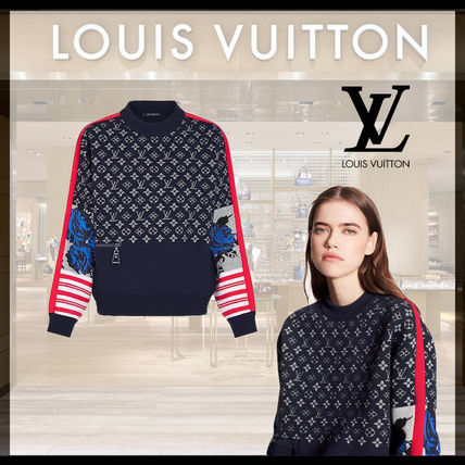 Louis Vuitton MONOGRAM Crew Neck Monogram Casual Style Wool Cashmere Long Sleeves