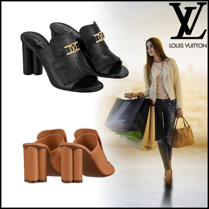 Louis Vuitton Open Toe Blended Fabrics Leather Elegant Style Chunky Heels