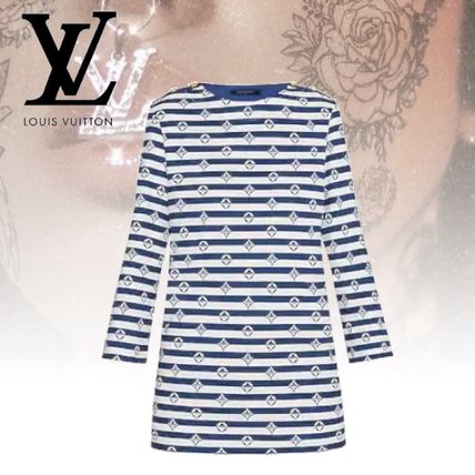 Louis Vuitton 2020 SS Stripes Monogram U Neck Cropped Cotton Medium Logo T Shirts 1A7SRD 
