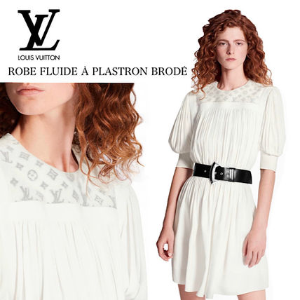 Louis Vuitton 2020 Cruise Crew Neck Silk Flared Short Sleeves Logo Dresses 1A612J 