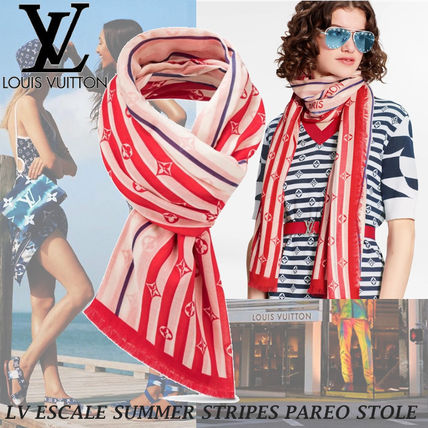 Louis Vuitton MONOGRAM 2020 SS Stripes Monogram Cotton Fringes Logo Knit  Fur Scarves 