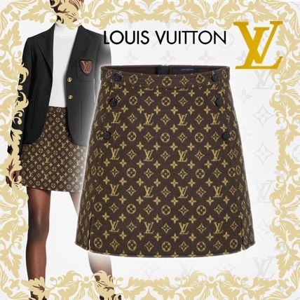 Louis Vuitton MONOGRAM Short Monogram Wool Silk Medium Midi Skirts 