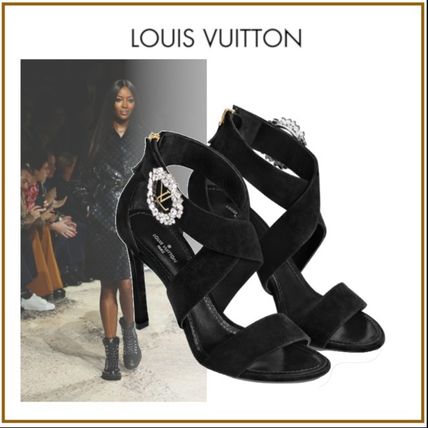 Louis Vuitton Open Toe Velvet Blended Fabrics Bi color Plain Leather 