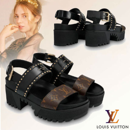 Louis Vuitton Monogram Open Toe Platform Plain Toe Casual Style Studded 