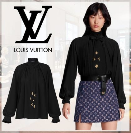 Louis Vuitton Monogram Silk Long Sleeves Medium Elegant Style Puff Sleeves 