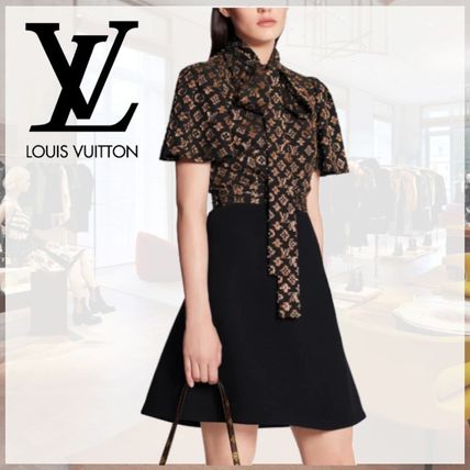 Louis Vuitton Short Monogram Wool Silk Flared Short Sleeves Logo Dresses 