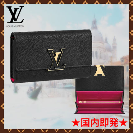 Louis Vuitton Plain Leather Logo Long Wallets N61248 