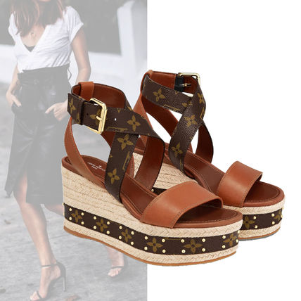 Louis Vuitton Monogram Open Toe Blended Fabrics Leather Elegant Style 