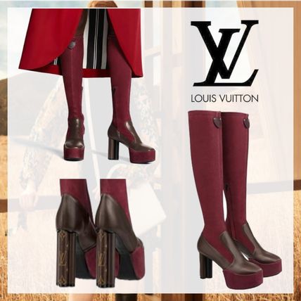 Louis Vuitton Monogram Suede Plain Block Heels Logo Mid Heel Boots 