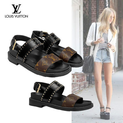 Louis Vuitton 2020 SS Monogram Open Toe Casual Style Studded Leather Logo Sandals 