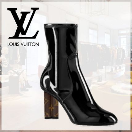Louis Vuitton Monogram Plain Leather Block Heels Ankle  Booties Boots 