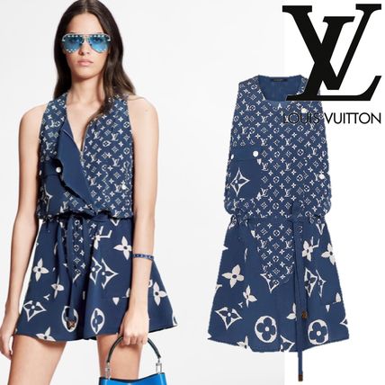 Louis Vuitton 2020 SS Short Monogram Silk Sleeveless Flared Elegant Style Dresses 